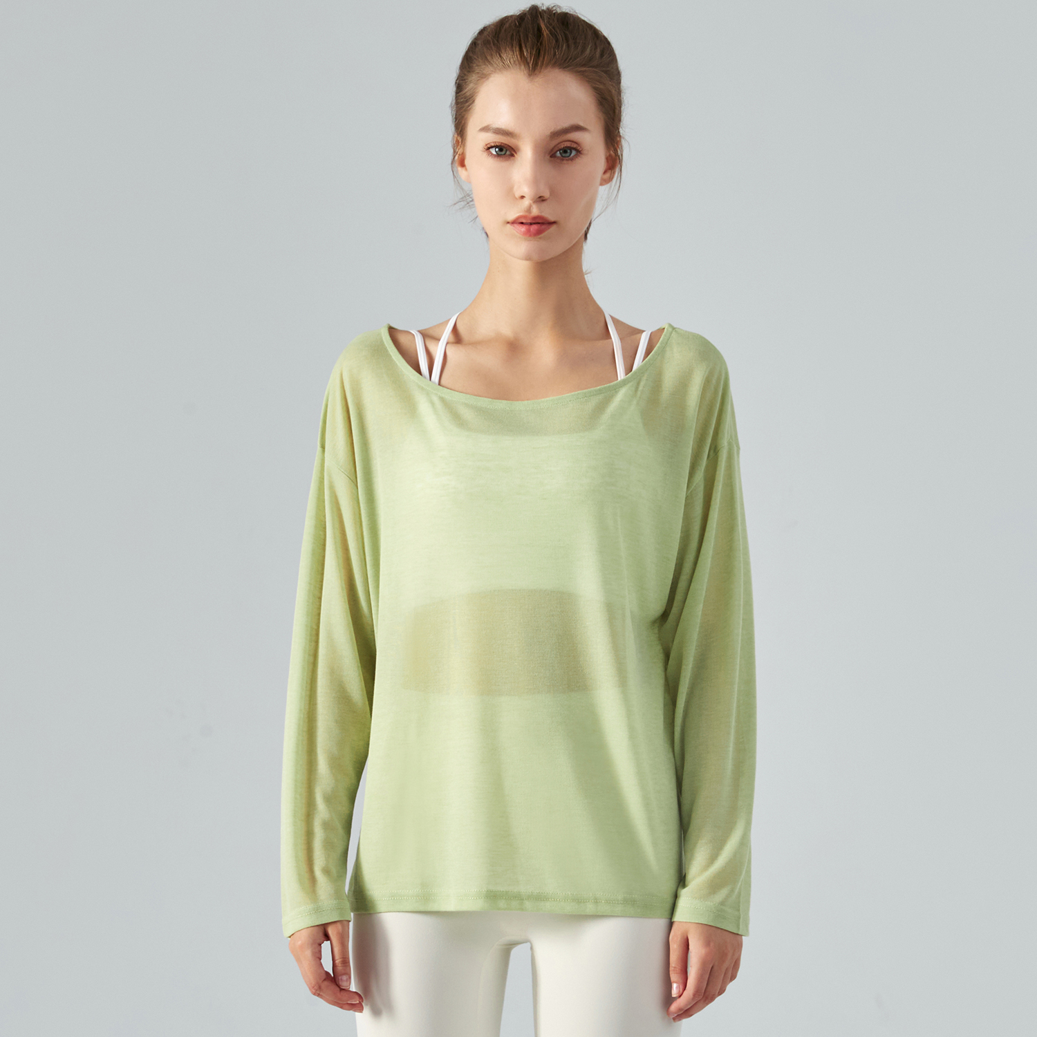 Buy Celery Green off shoulder lightweight butter soft eco skin friendly comfortable everyday casual yoga smock shirt of high quality on Hergymclothing