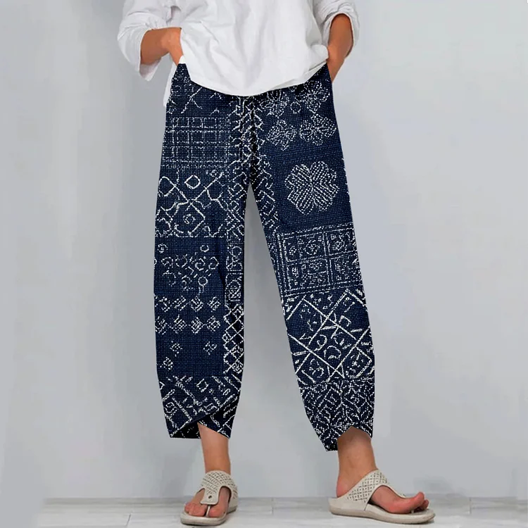 VChics Vintage Japanese Sashiko Art Cropped Casual Linen Pants