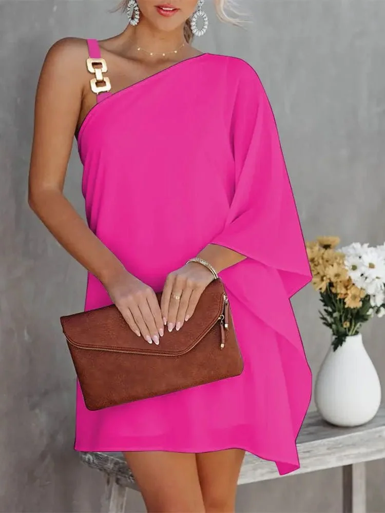 Women'S Dresses Solid Metal Strap Off-Shoulder Doll Sleeve Dress