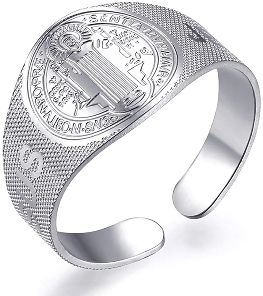 JAJAFOOK Stainless Steel Jesus Saint Benedict Ring Opening Adjustable Ring Catholic Religious Jewelry