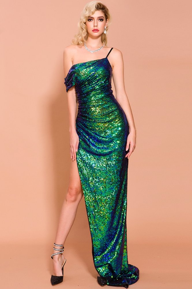 Chic Green Sequins Off-the-Shoulder Prom Dress With Slit - lulusllly