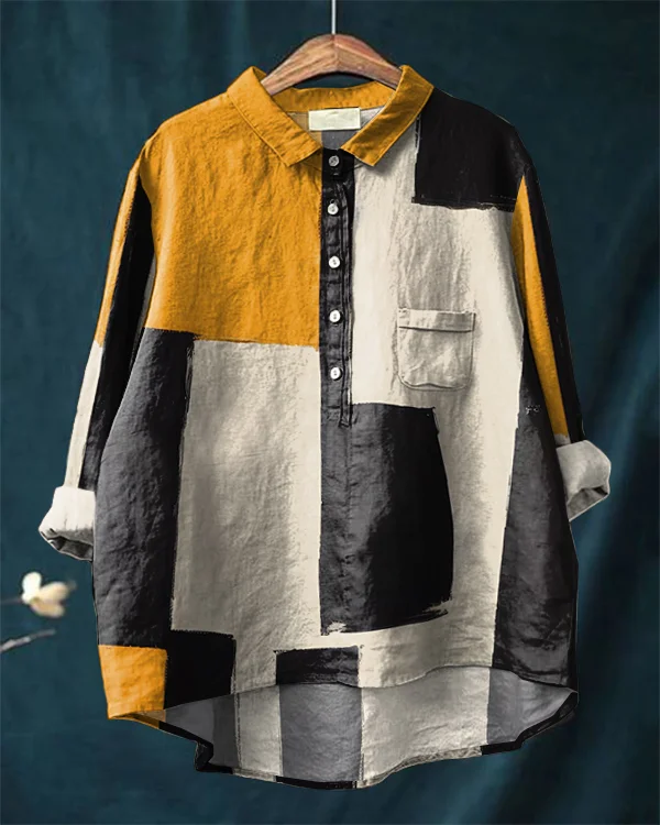 Vintage Color Block Art Cotton and Linen Shirt