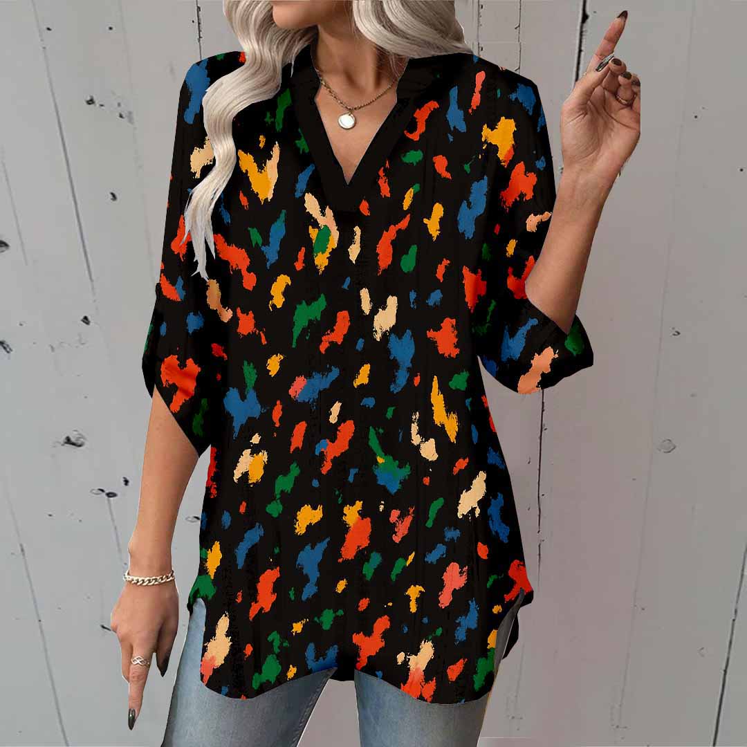 Women Splashes, Black, Color DZGA0366 3/4 Sleeve V-neck Printed Graphic Button Tops