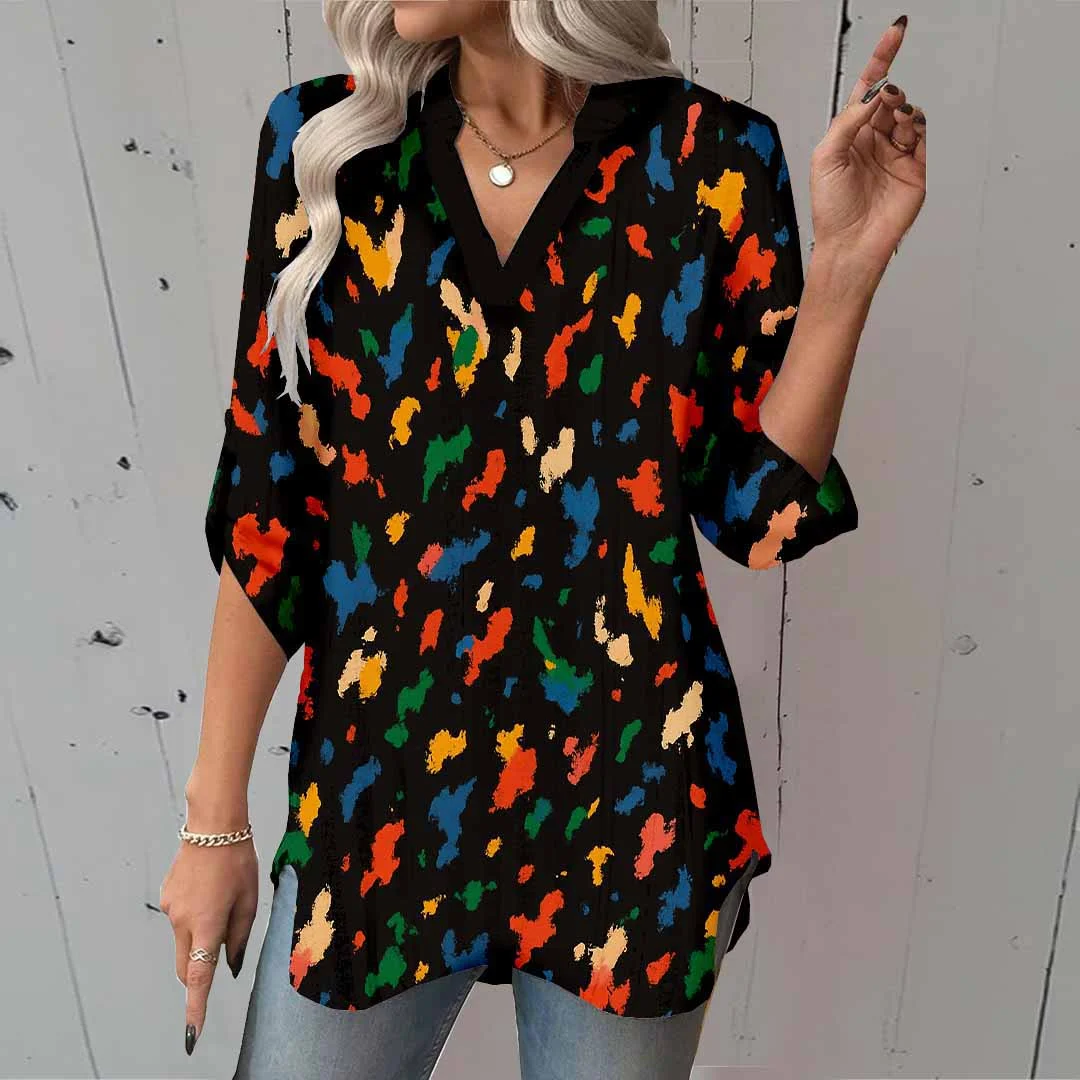 Women Splashes, Black, Color DZGA0366 3/4 Sleeve V-neck Printed Graphic Button Tops