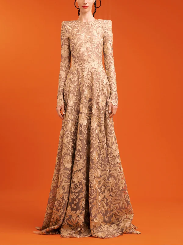Round Neck Lace Long Sleeves Maxi Dress
