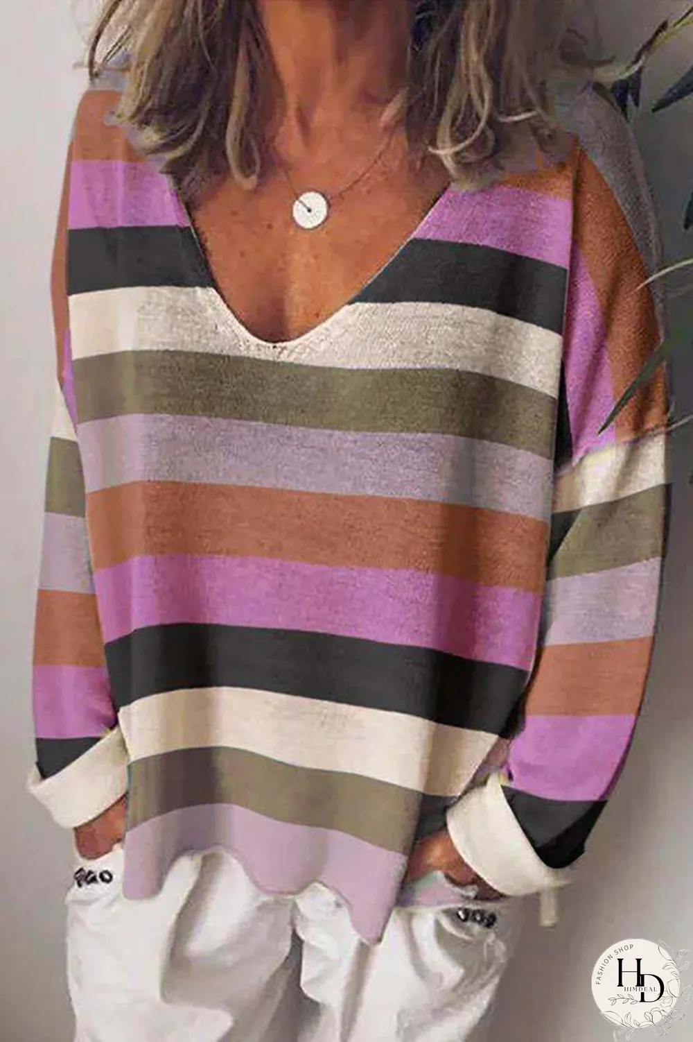 Casual Striped Split Joint V Neck Tops