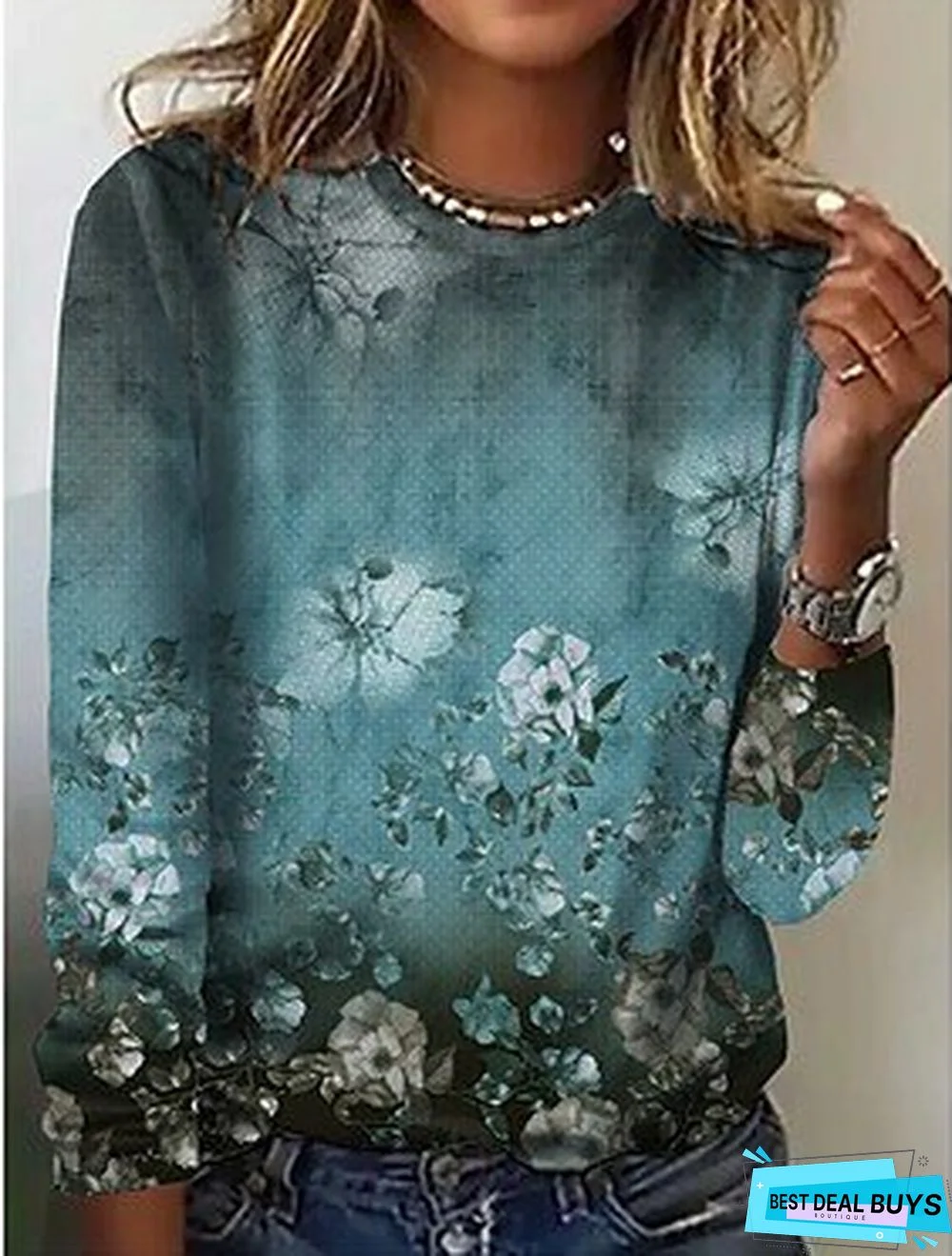 Loose Jersey Casual Green Floral T-Shirt