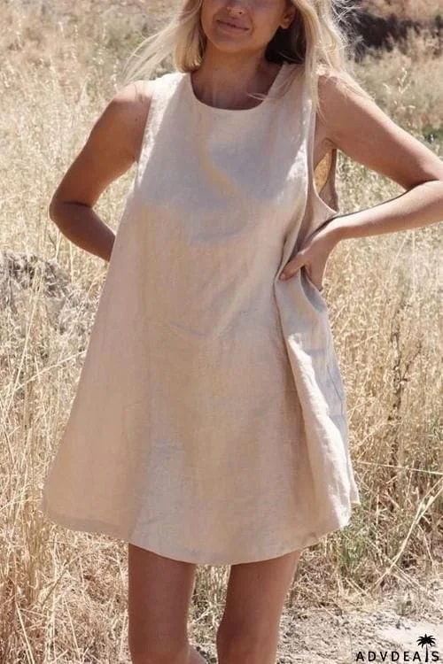 Linen O Neck Sleeveless Mini Dress