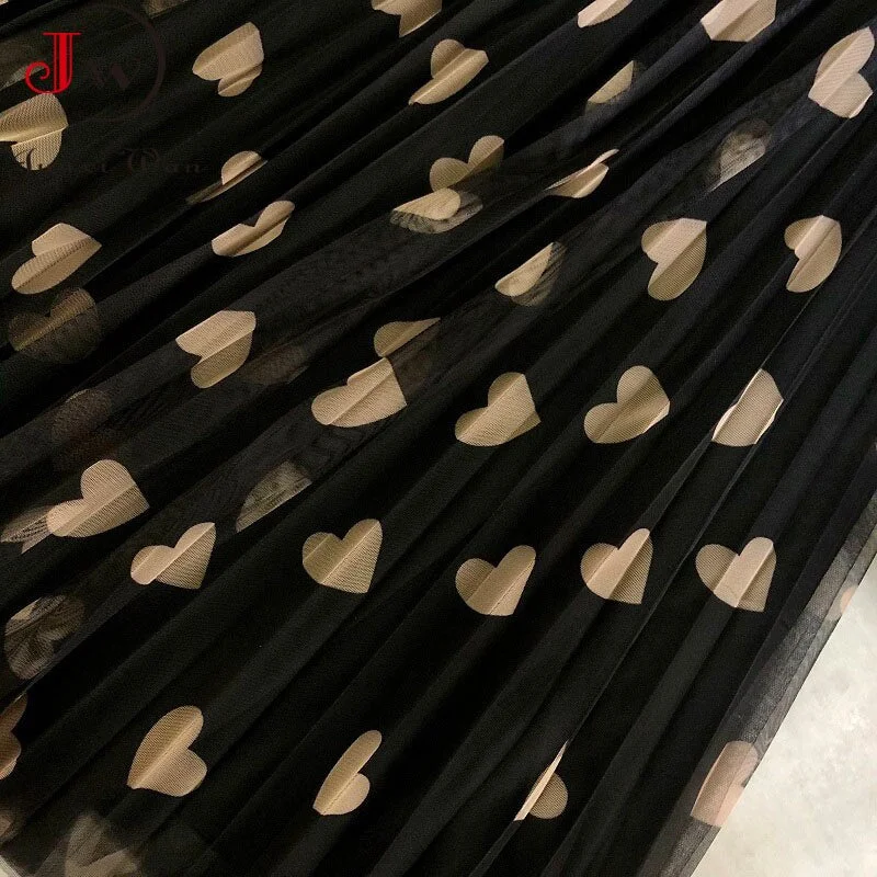 2022 Spring and Summer Mesh Long Women's Skirts High Waist Love Printed Elegant A-Line Pleated Skirt Fashion New