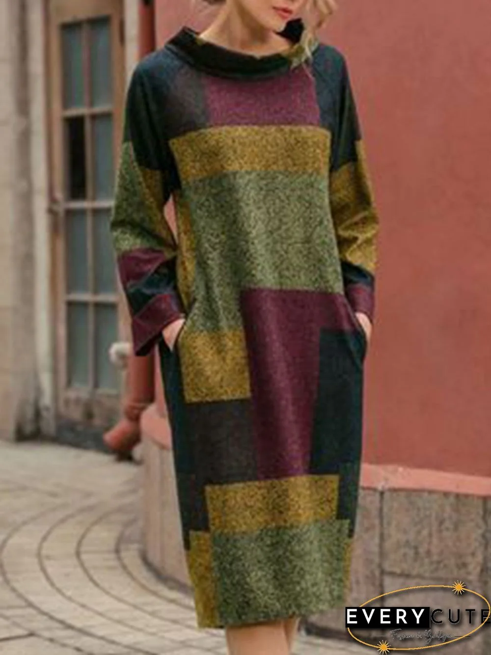 Women Pockets Stand Collar Geometric Sweater Dress