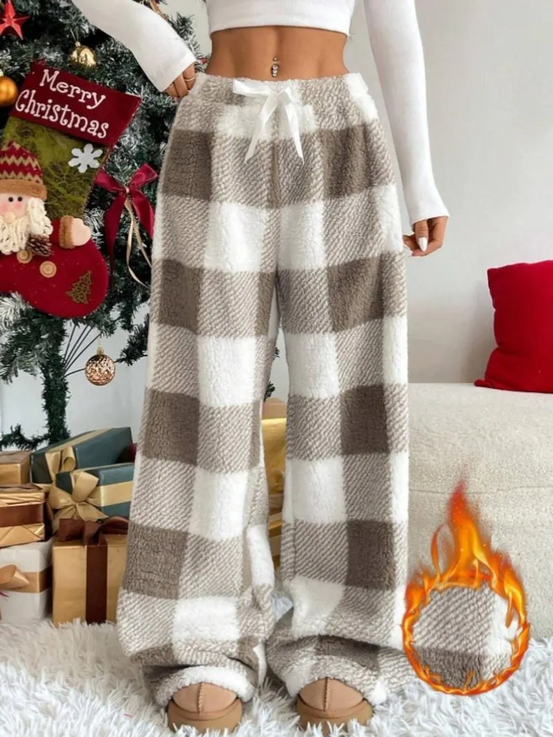 Winter New Vintage Plaid Elastic Straight Loose Thick Warm Casual Pants, Comfortable and Stylish for Cold Weather Wear