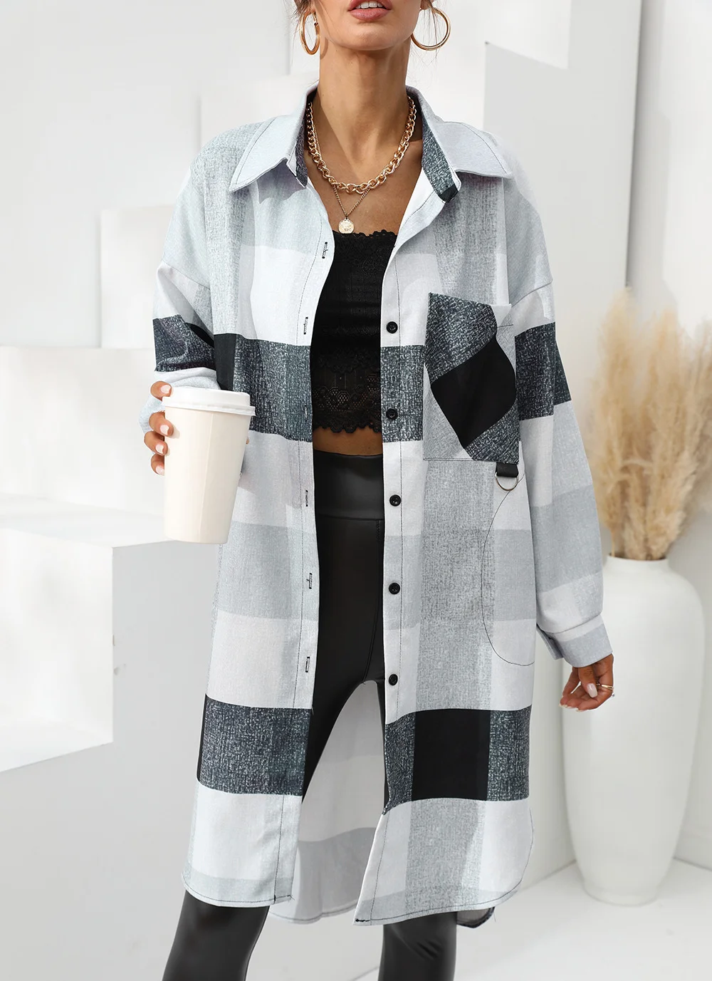 Ueong Women's Clothing Station Autumn And Winter Grid Single-Breasted Long Windbreaker Coat
