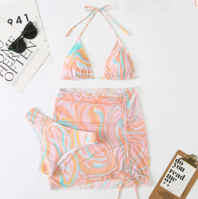PASUXI Women's Split Three-piece Bikini Set Striped Swimsuit Cover Up Bikini huanwei