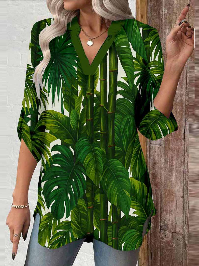 Women Tropical, Leaves, Bamboo, Green DZGA0126 3/4 Sleeve V-neck Printed Graphic Button Tops