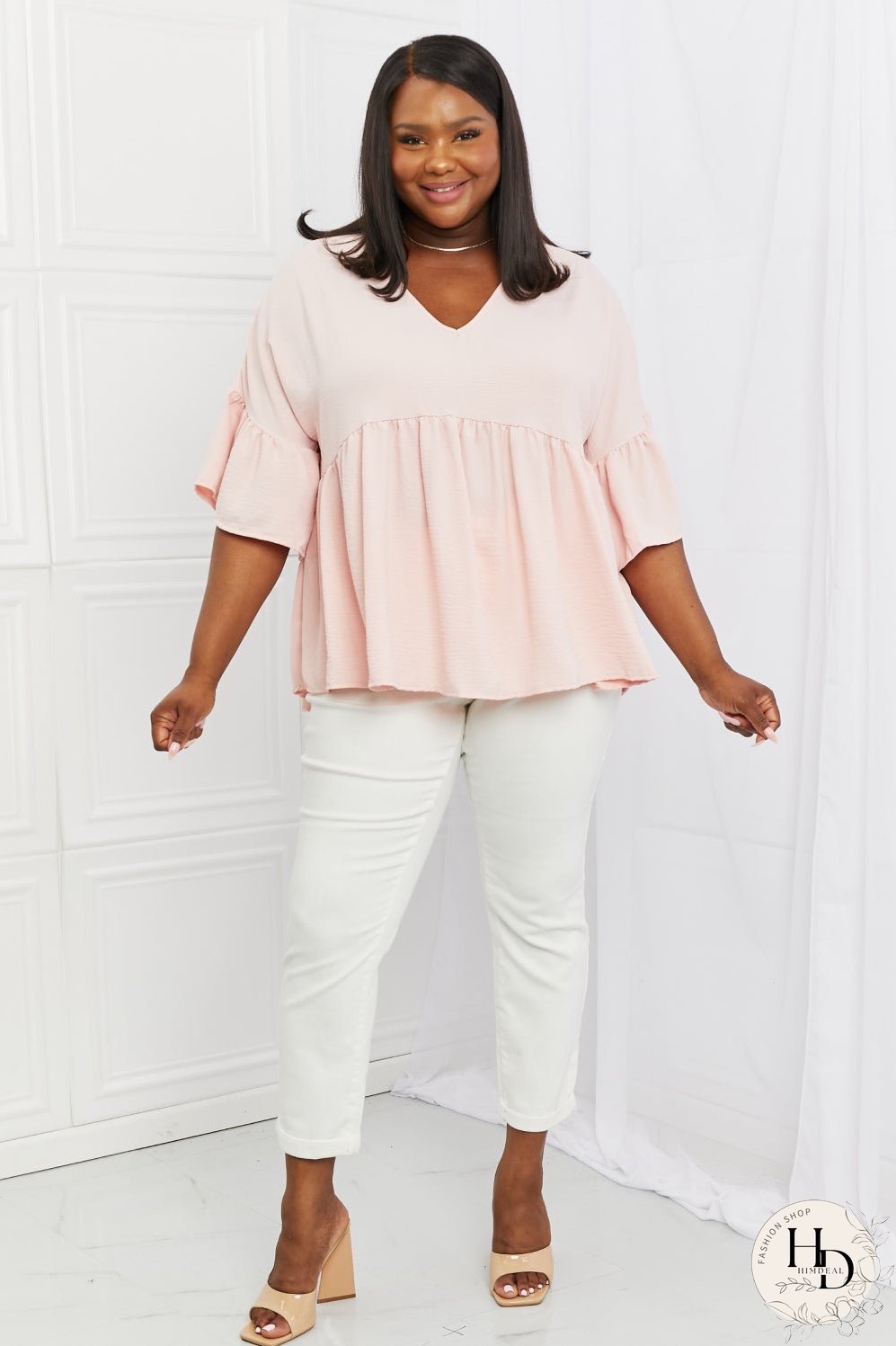 Celeste Look At Me Full Size Flowy Ruffle Sleeve Top in Pink