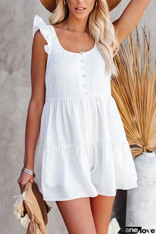 Scallop Sleeve Solid Button Casual Loose Jumpsuit