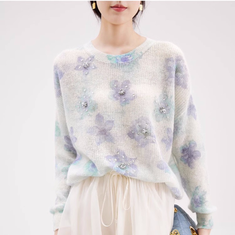 Water Diamond Jacquard Knitted Shirt For Women In Autumn And Winter, High Grade And Unique Versatile Round Neck Fashion Loose Lo