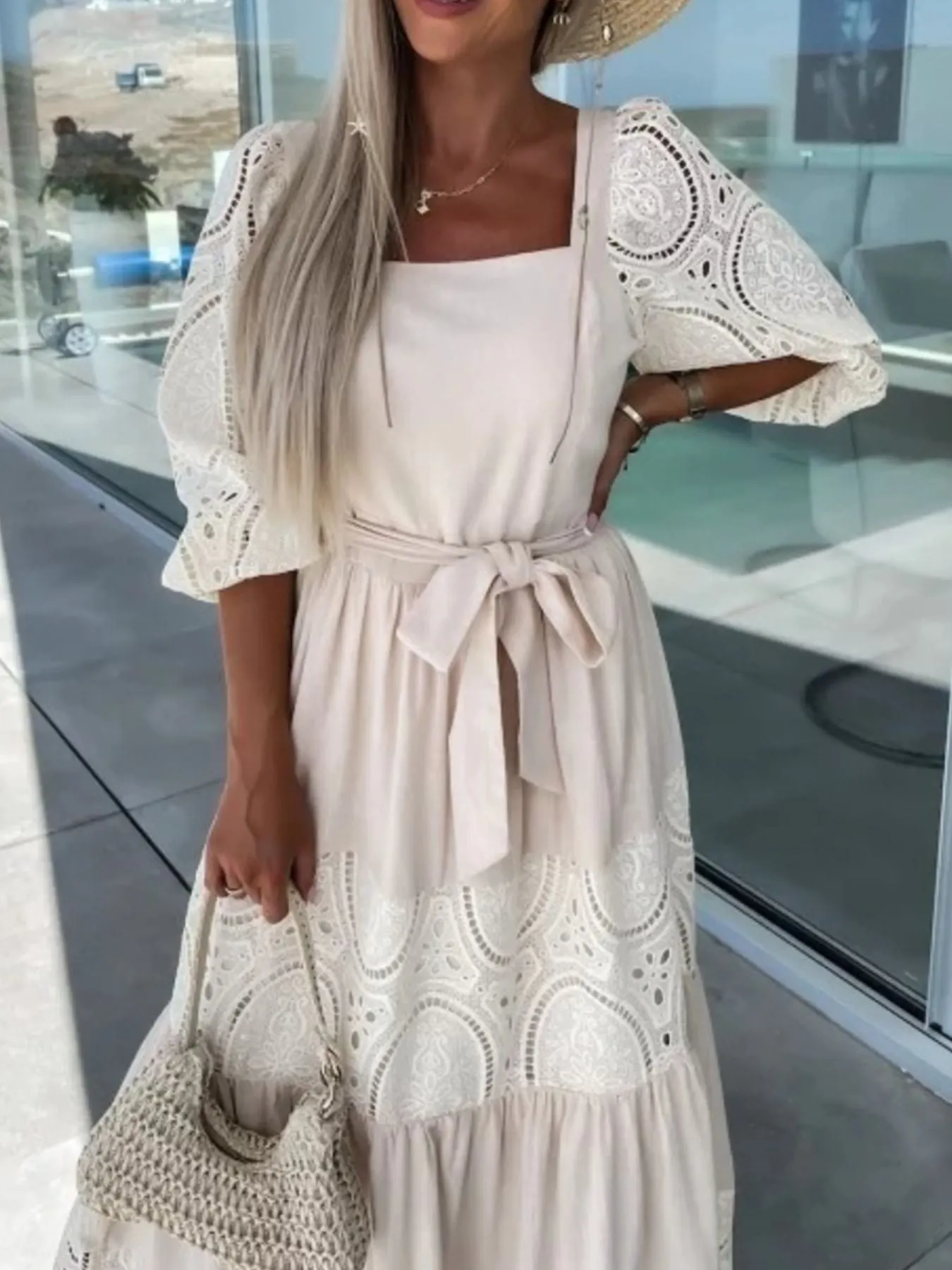 Lace Sleeve Belted Tiered Ruffled Maxi Dress mysite idetrend
