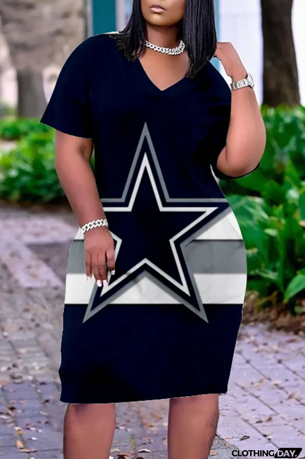 Blue White Casual Print Patchwork V Neck Straight Dresses