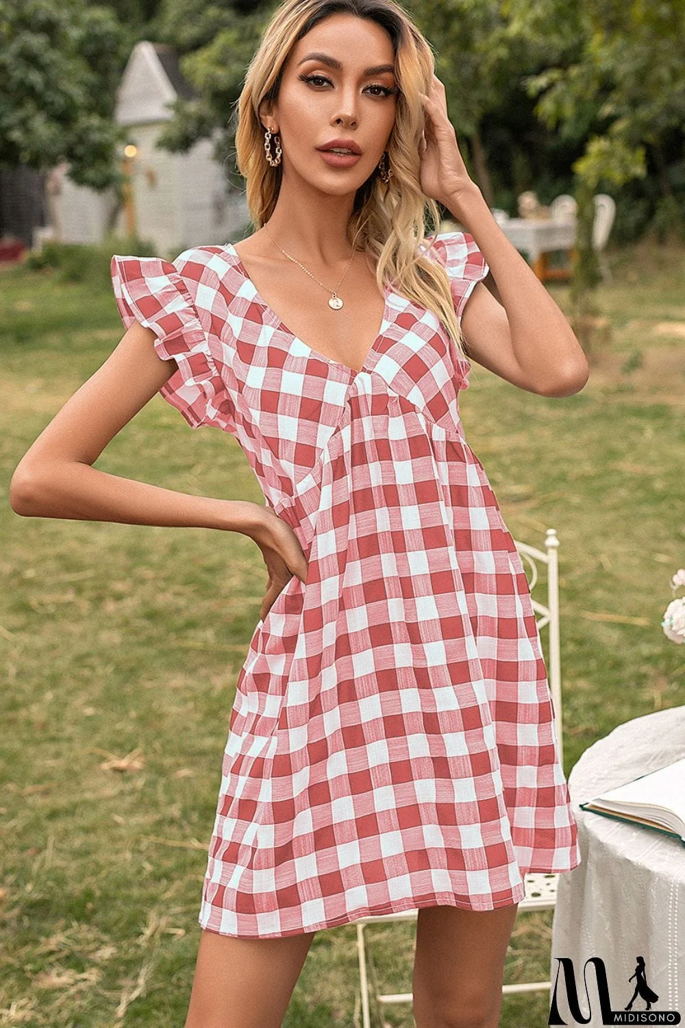 MidiSono - Plaid Butterfly Sleeve Deep V Dress