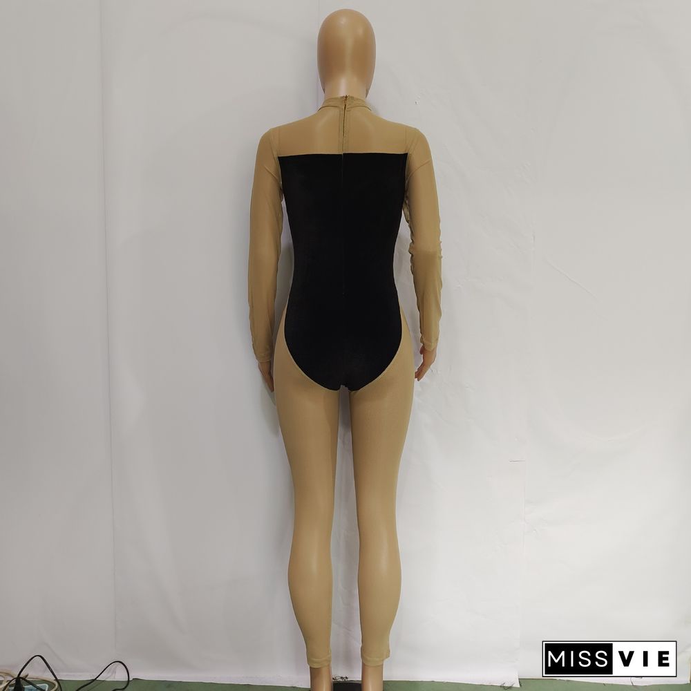 Sheer Mesh Patchwork Velvet Skinny Jumpsuit