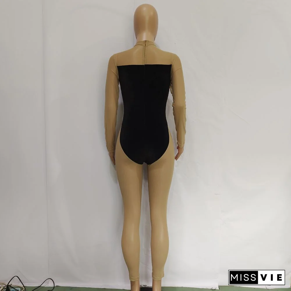 Sheer Mesh Patchwork Velvet Skinny Jumpsuit