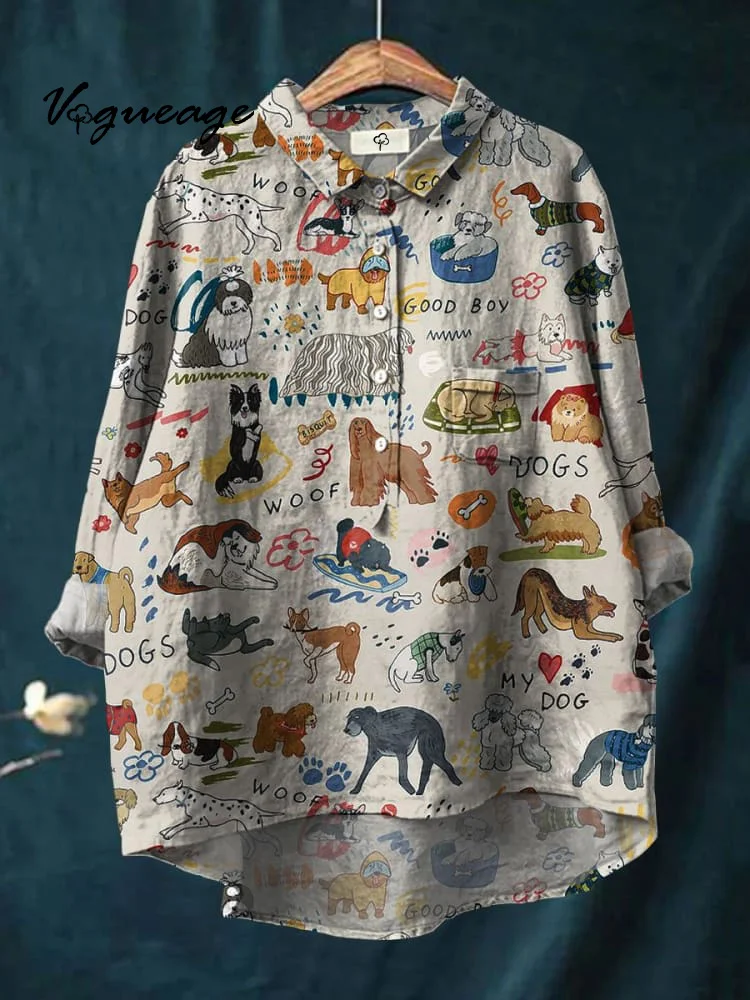 Cartoon Cute Hand Drawn Animal Puppy Print Cotton And Linen Shirt