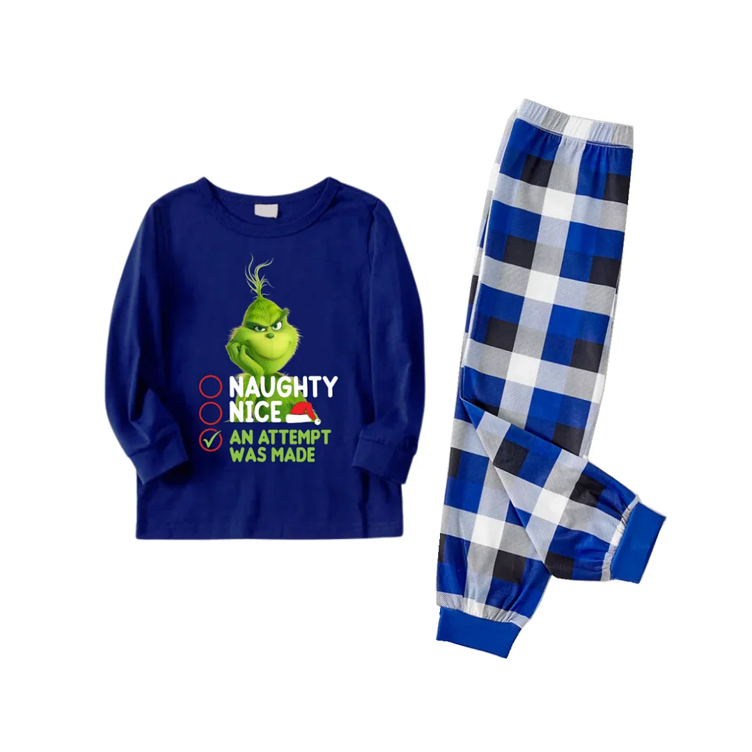 Cute Cartoon Pattern and Slogan Printed  Blue and White Plaid Family Matching Pajamas