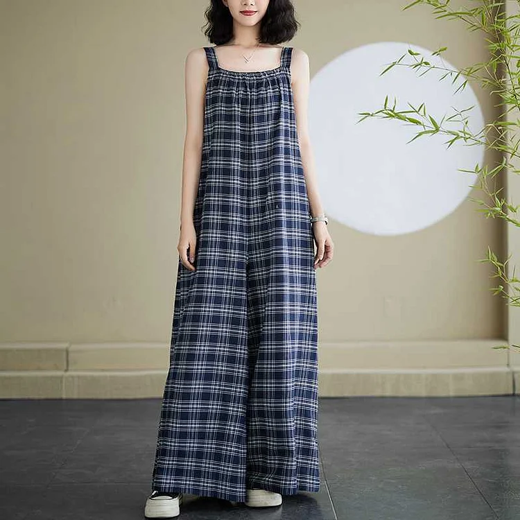 Loose Plaid Wide Leg Jumpsuit