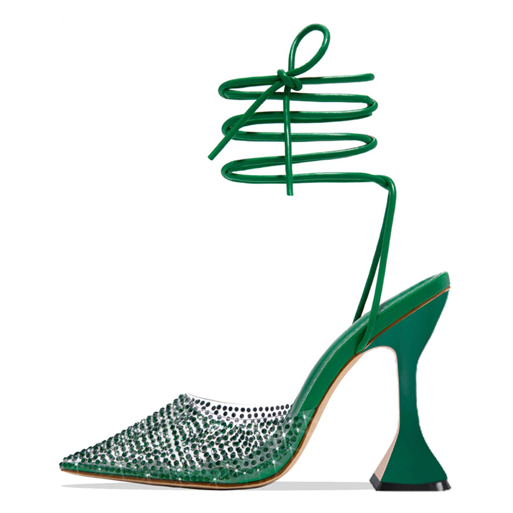 Green Rhinestone PVC Pointed Toe Flared Heel Lace Up Pumps Shoes Nicepairs