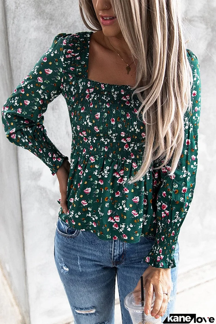 Floral Print Smocked Lace-up Square Neck Long Sleeve Top