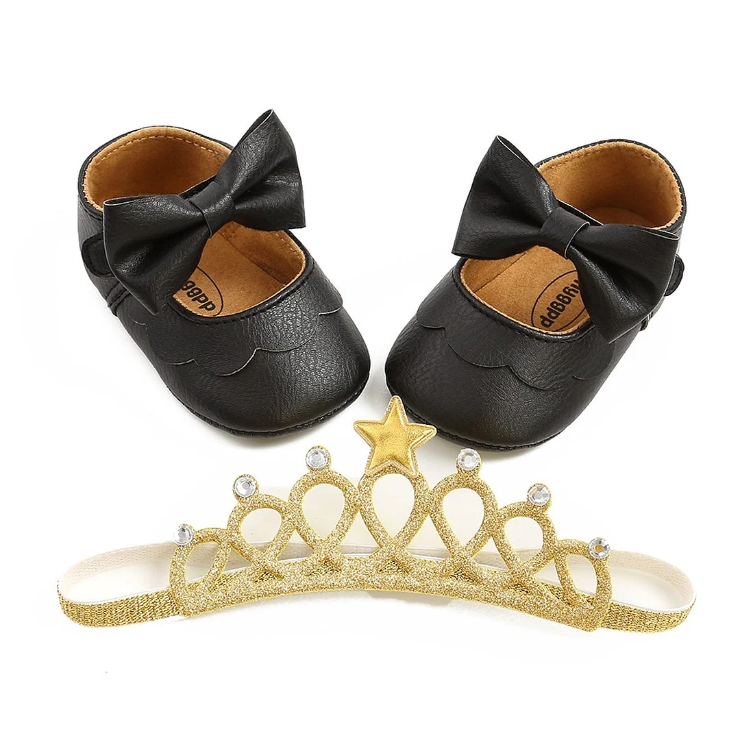 Baby Baptism Shoes and Headband Set, Cute Bowknot Hard Outsole Mary Jane Flats and Crown Hairband for Infant Girls