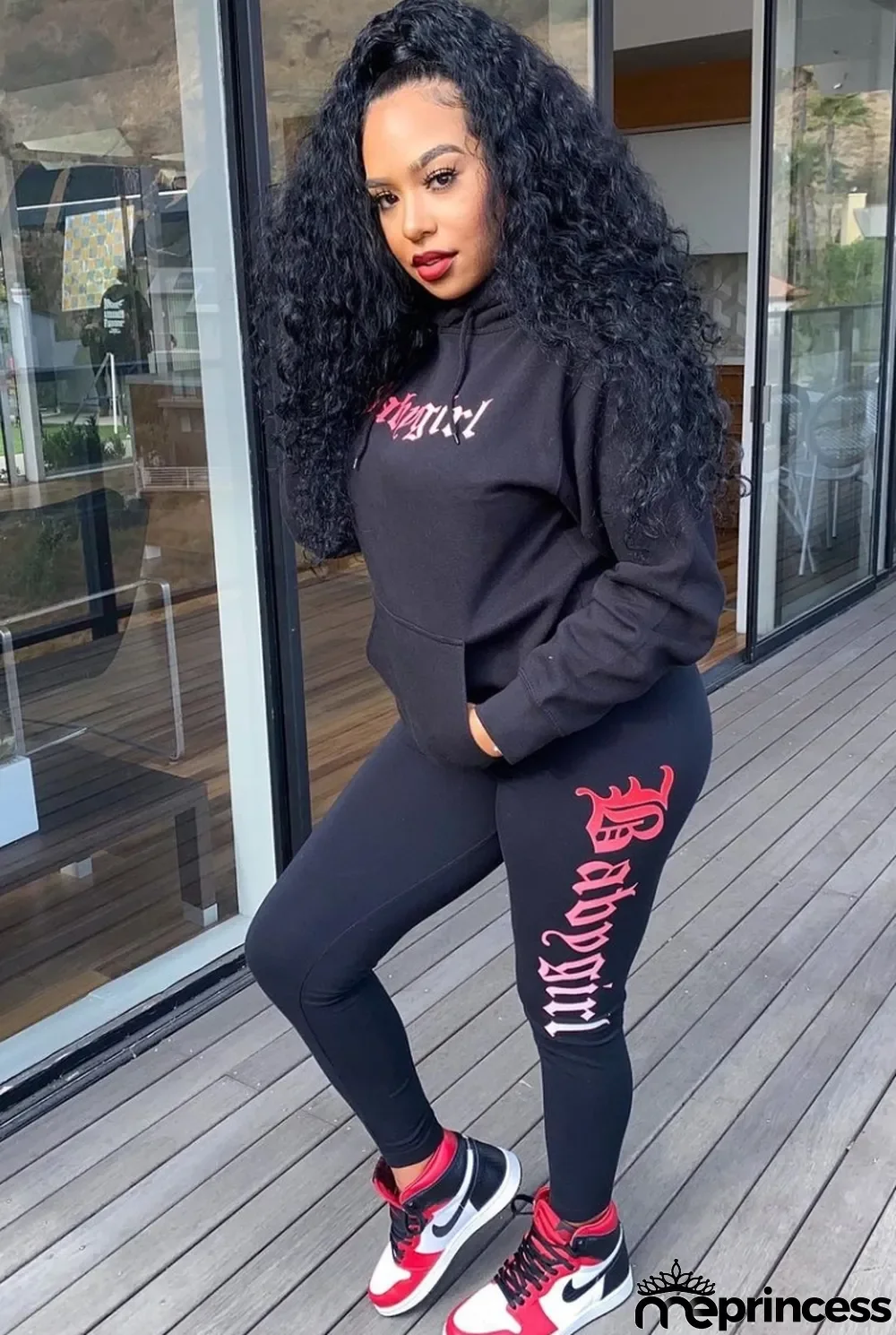 Autumn Print Black Casual Hooded Sweats and Pants 2 Piece Tracksuit