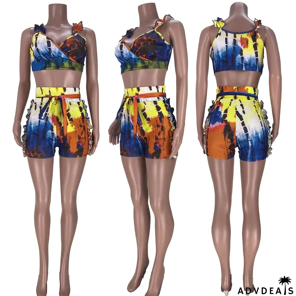 Sexy Printed Ruffled Sleeveless 2 Piece Short Sets