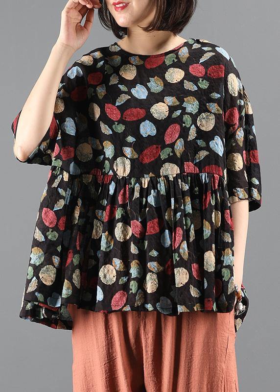 VCSHOES Plant printing top silhouette Work Outfits o neck Cinched summer blouse