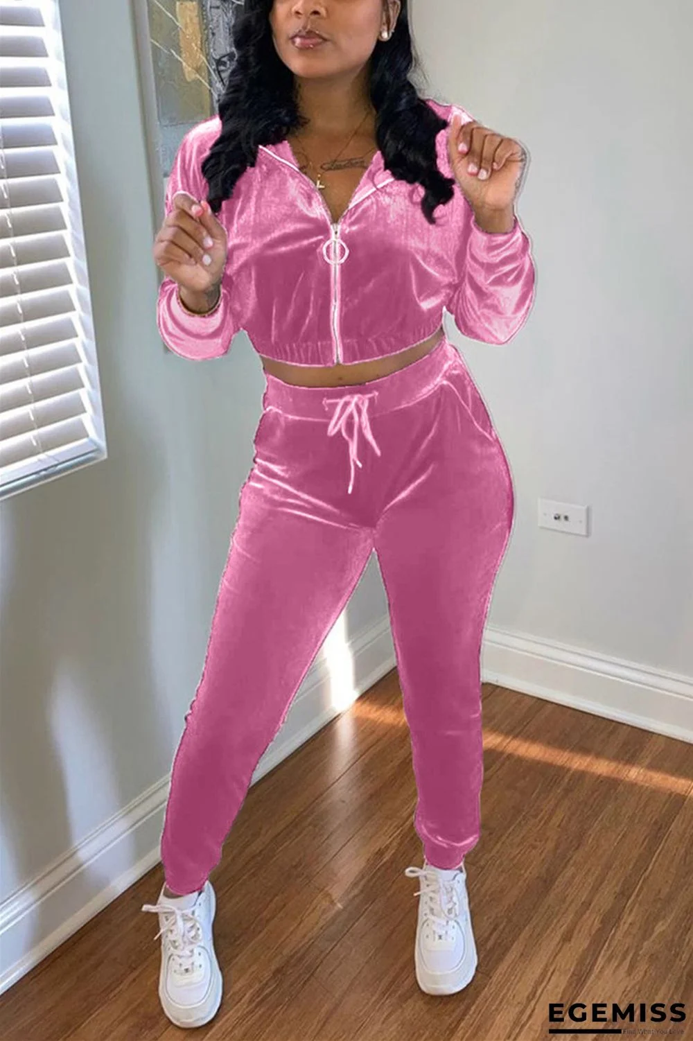 Pink Fashion Casual Adult Flocking Solid Patchwork Hooded Collar Long Sleeve Regular Sleeve Short Two Pieces | EGEMISS