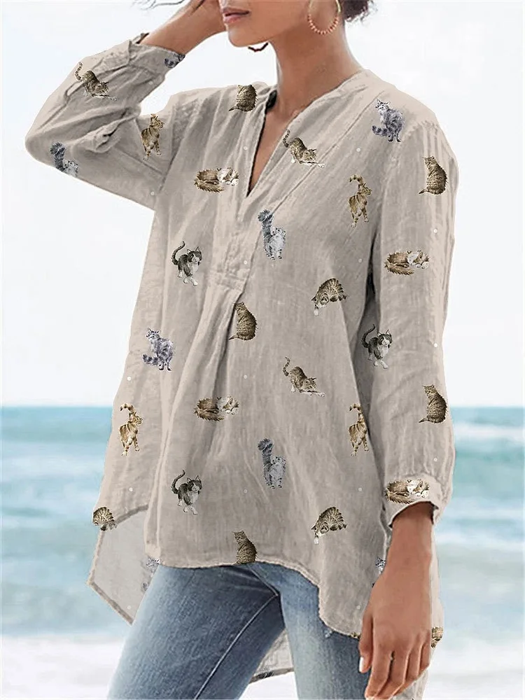 Lovely Petite Cats Pattern Printed Women's Casual Linen V-Neck Shirt