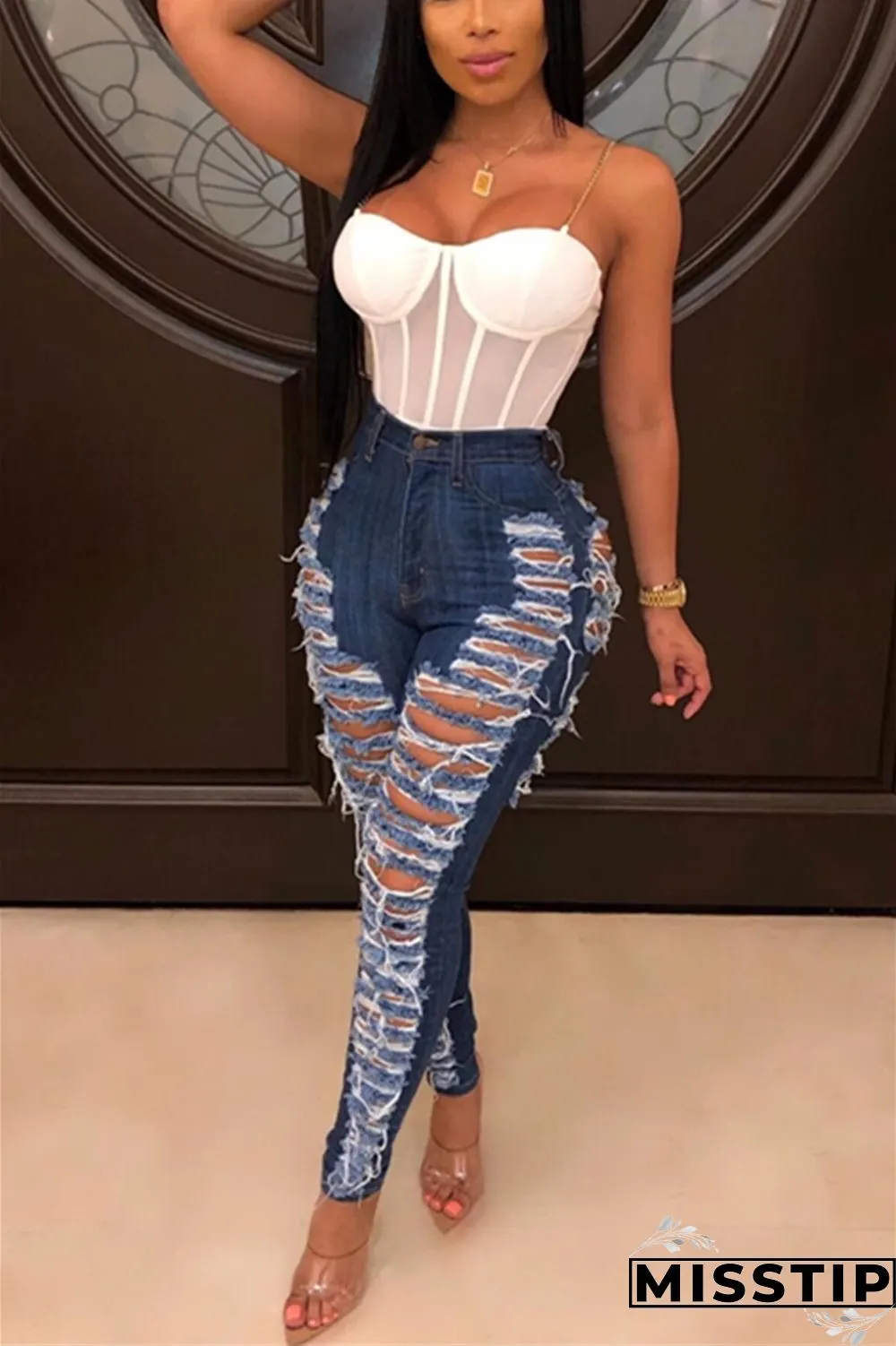 Dark Blue Denim Button Fly Sleeveless High Hole Solid Patchwork pencil Pants Pants