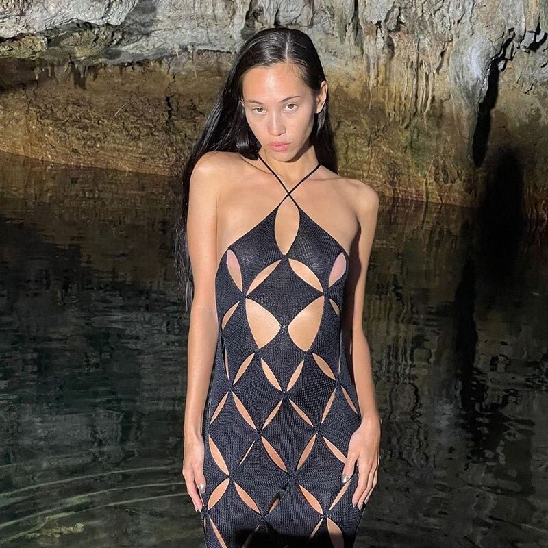 Weird Puss Hollow See Through Dress Women Vacation Style Sexy Maxi Sundress Solid Backless Beach Party Stretchy Skinny Bodycon
