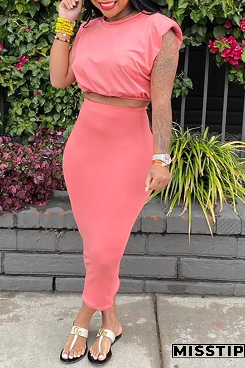 Tangerine Red Casual Solid Patchwork O Neck Short Sleeve Two Pieces