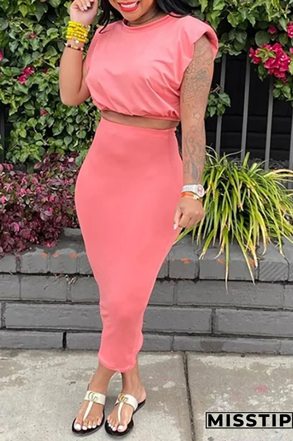 Tangerine Red Casual Solid Patchwork O Neck Short Sleeve Two Pieces