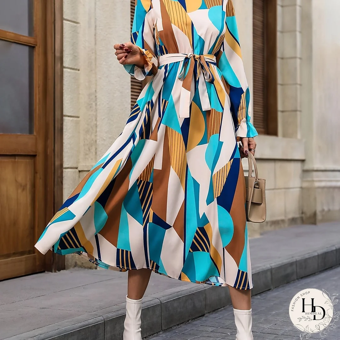 Geo Print Ruffle Trim Dress, Elegant Crew Neck Long Sleeve Dress, Women's Clothing