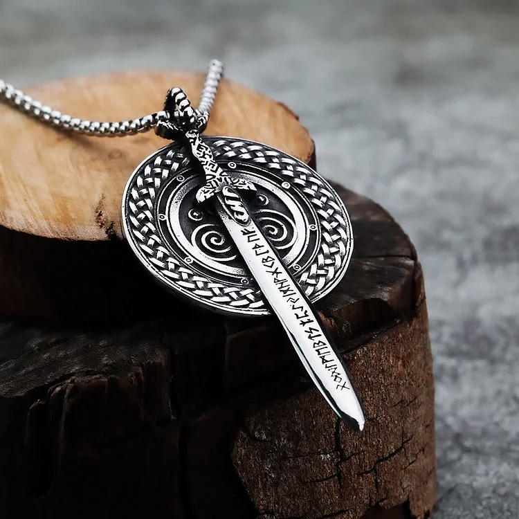 Coutureaura Nordic Longsword With Runes Shield Necklace