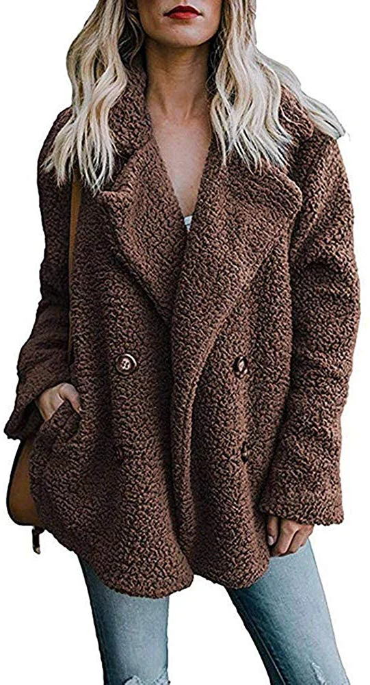 Women's Coat Casual Lapel Fleece Fuzzy Faux Shearling Button Warm Winter Oversized Outwear Jackets with Pockets