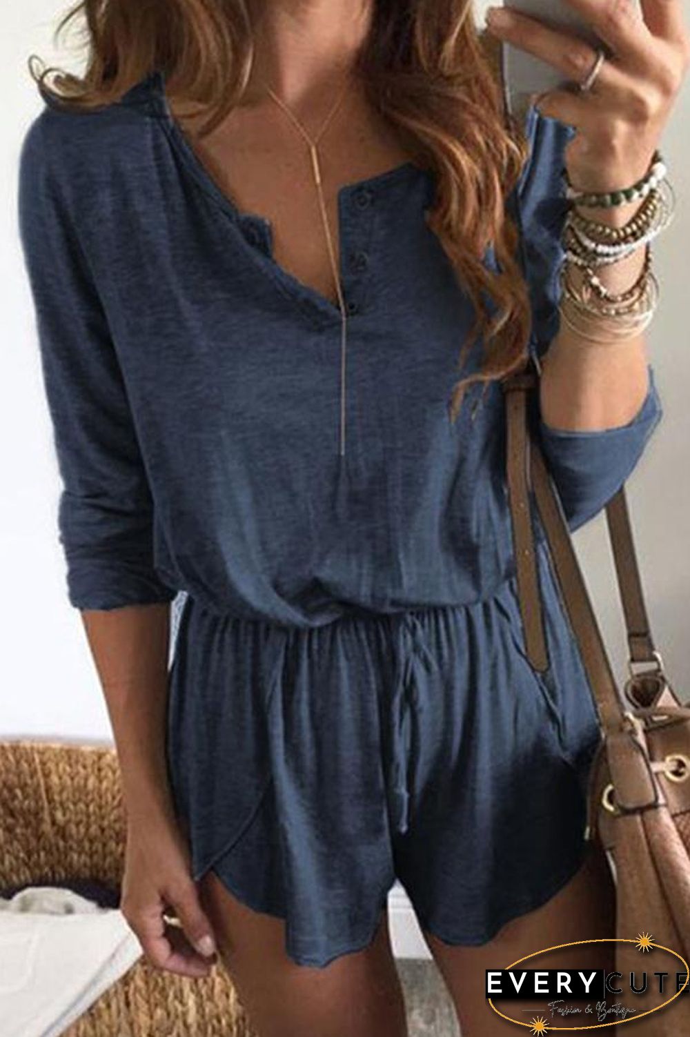 Solid Color Long Sleeve Tie Waist Romper P15010