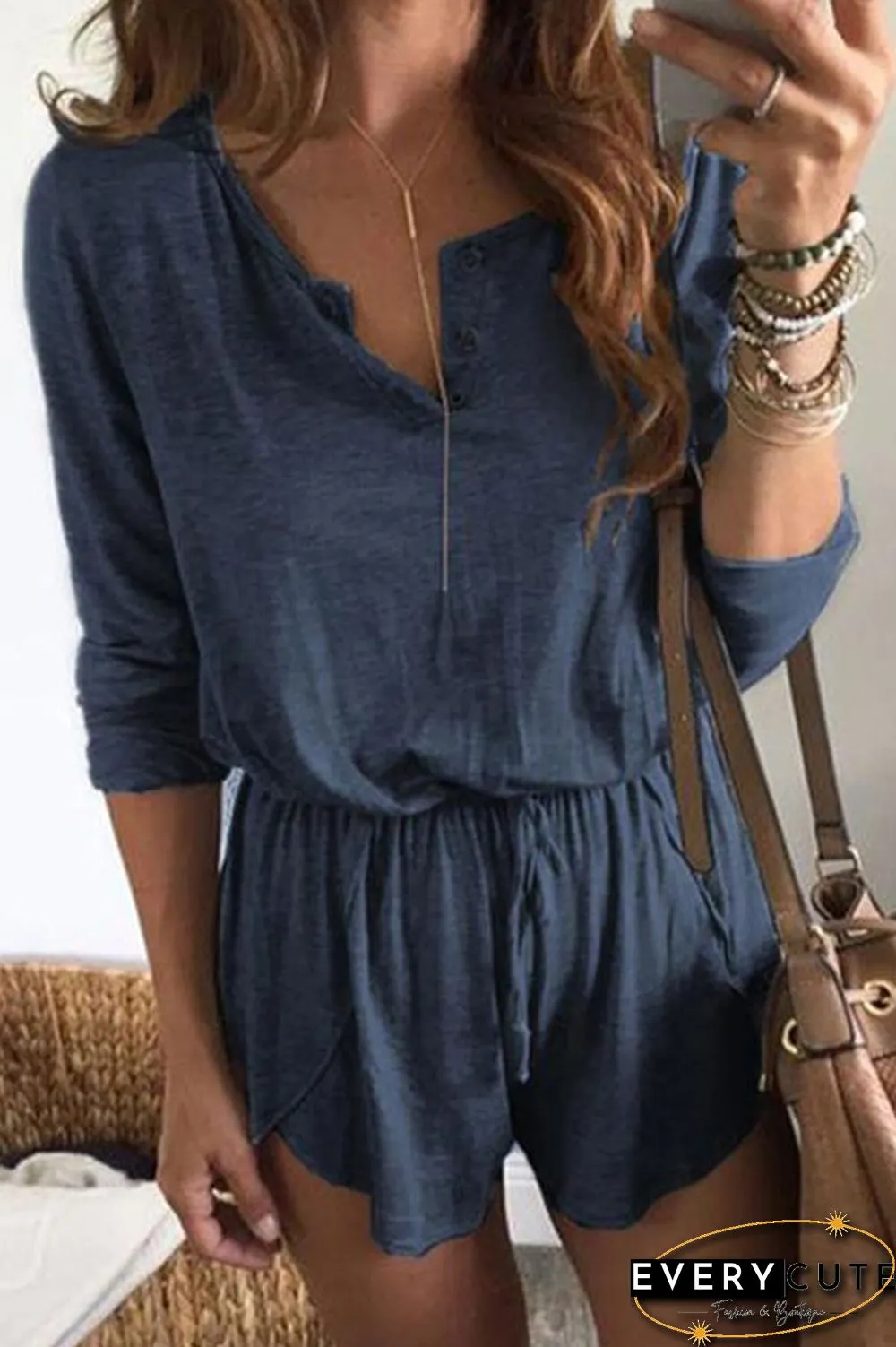 Solid Color Long Sleeve Tie Waist Romper P15010