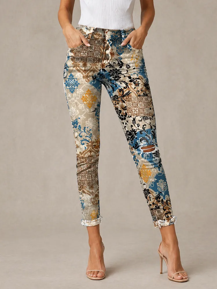 Women's Vintage Ethnic Totem Print Casual High-waisted Ripped Skinny Jeans