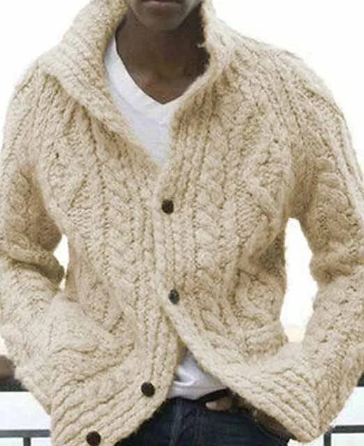 Daily Turndown Collar Cable Knit Pocket Long Sleeve Sweater Cardigan 