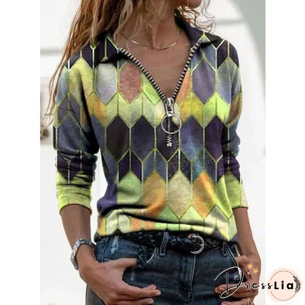 Women's Fashion Printed V-neck Long Sleeve Shirts Casual Zipper Turn-down Collar Cotton Tunic Tops Ladies Daily Spring Autumn Plus Size Blouses Loose Pullover T-shirts