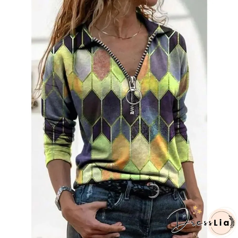 Women's Fashion Printed V-neck Long Sleeve Shirts Casual Zipper Turn-down Collar Cotton Tunic Tops Ladies Daily Spring Autumn Plus Size Blouses Loose Pullover T-shirts